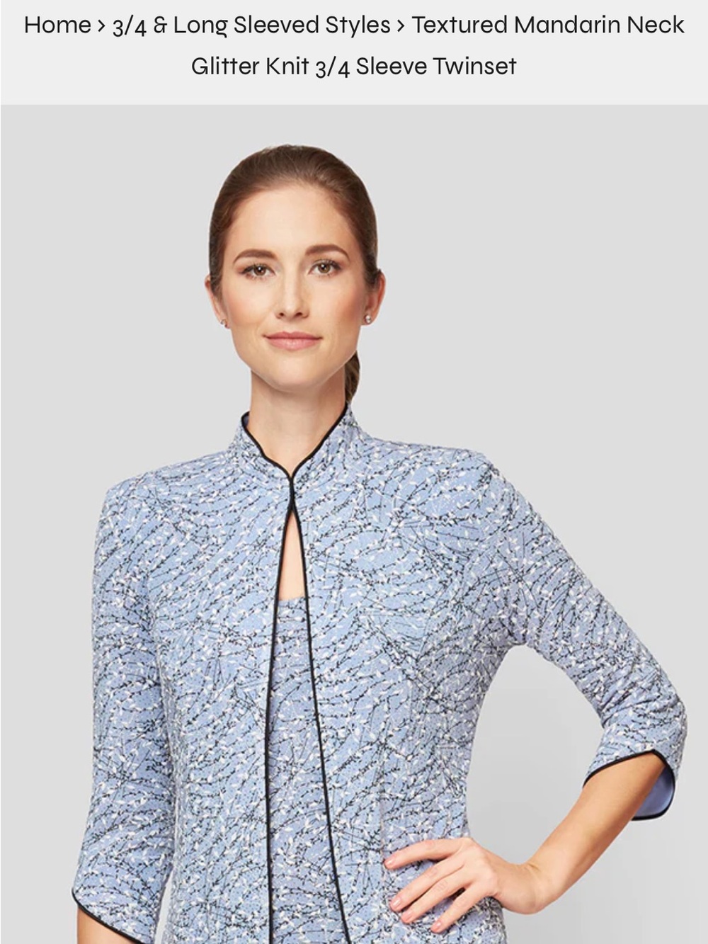 Alex Evenings Light Blue Textured Mandarin Neck Jacket with Black Piping
